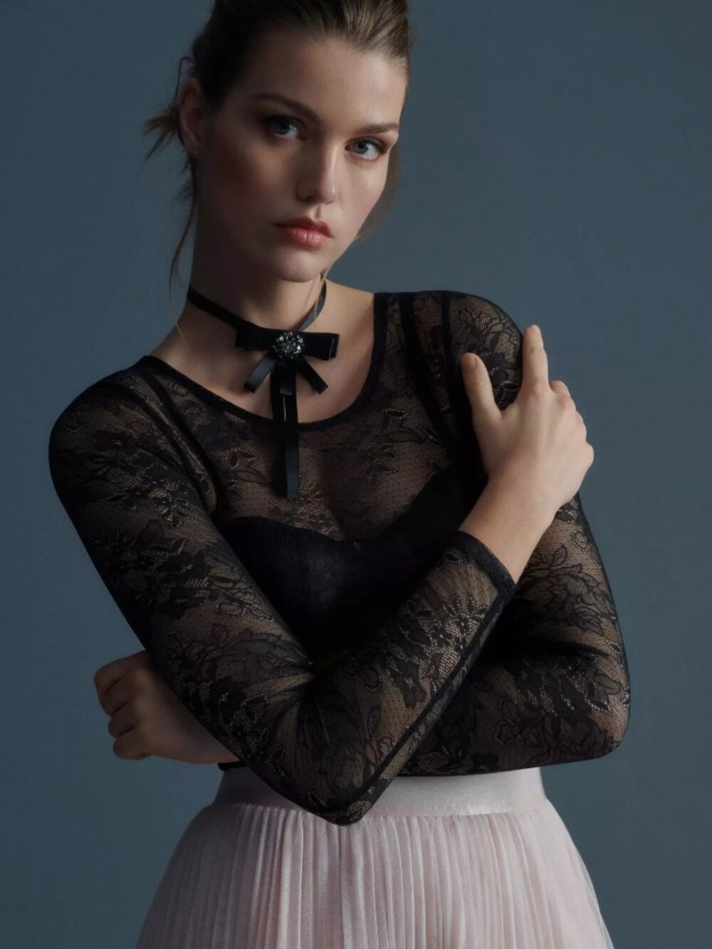 Anthropologie Sheer Black Lace Long Sleeve Bodysuit Medium